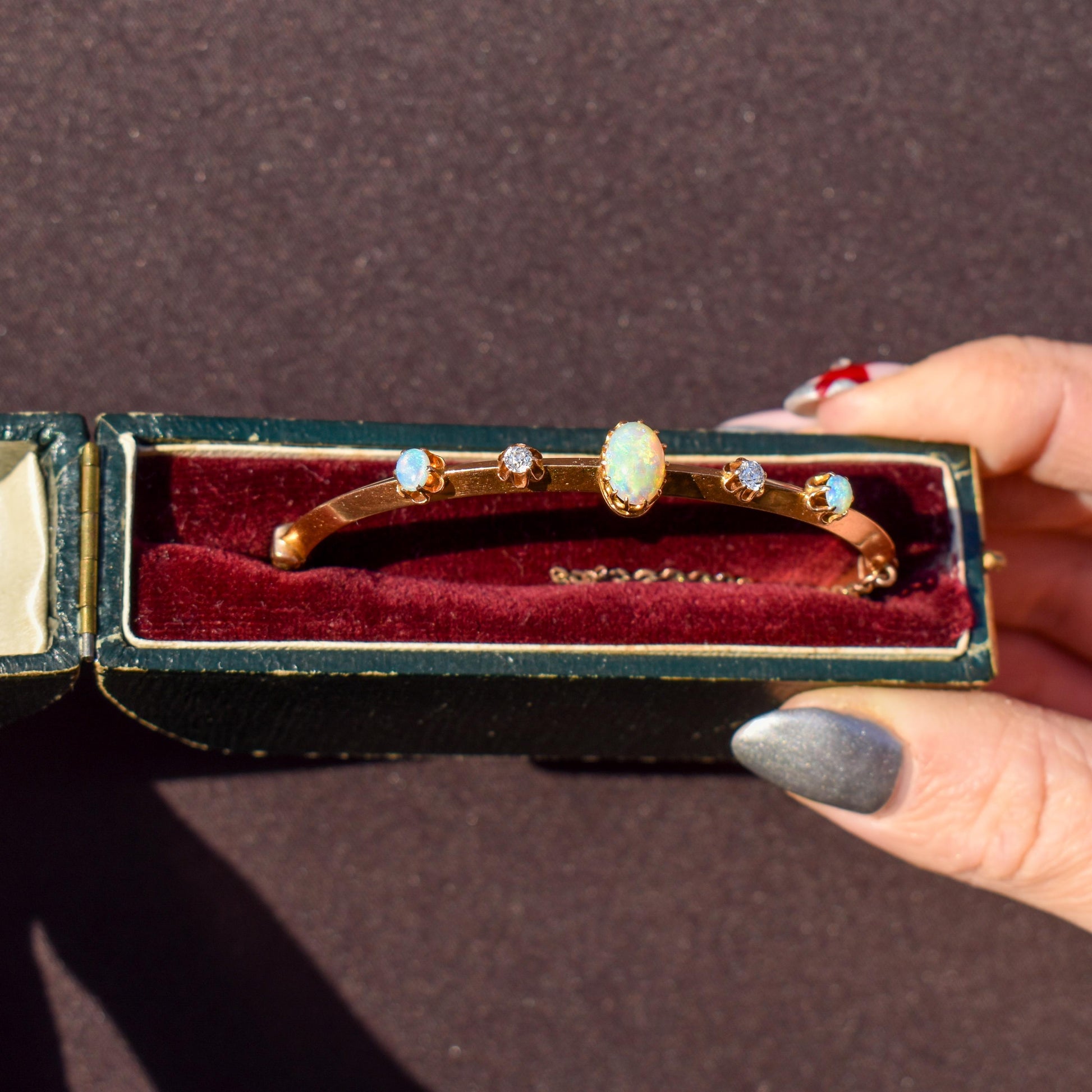 Antique 15ct Gold Victorian Opal and Old Cut Diamond Bangle Bracelet