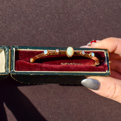 Antique 15ct Gold Victorian Opal and Old Cut Diamond Bangle Bracelet