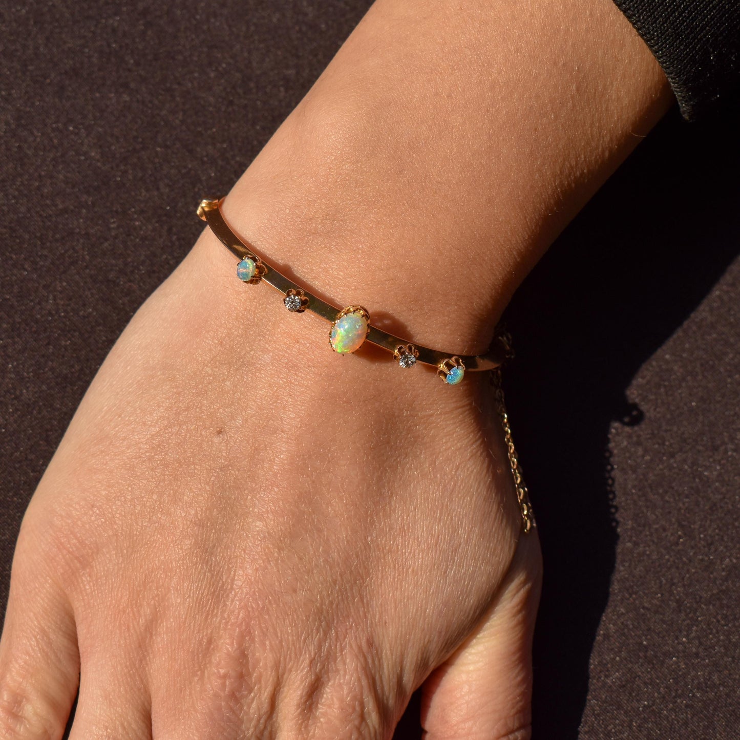 Antique 15ct Gold Victorian Opal and Old Cut Diamond Bangle Bracelet