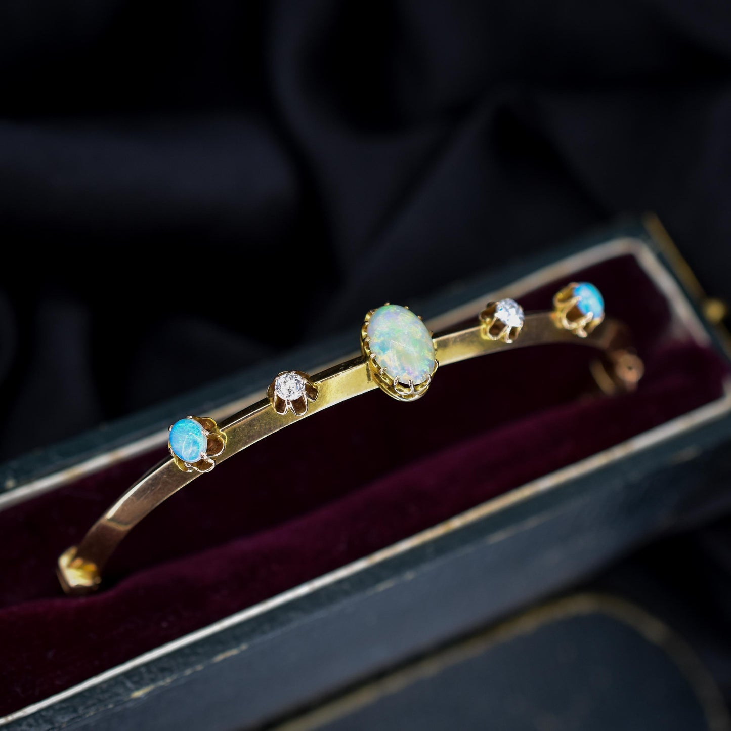 Antique 15ct Gold Victorian Opal and Old Cut Diamond Bangle Bracelet
