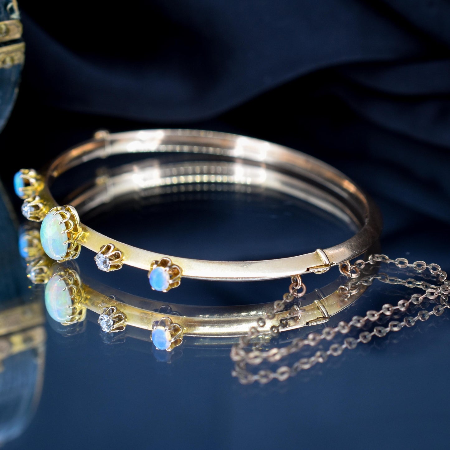 Antique 15ct Gold Victorian Opal and Old Cut Diamond Bangle Bracelet
