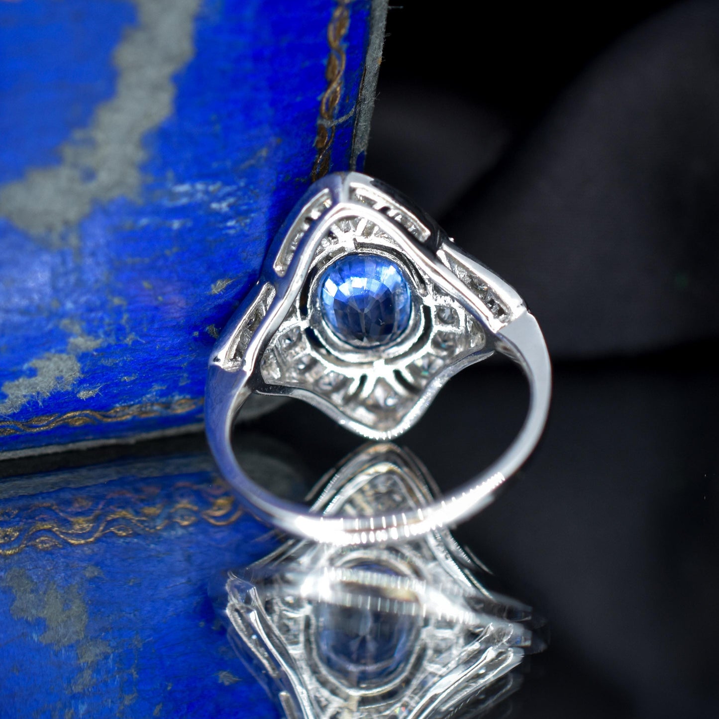 Art Deco Style Blue Sapphire and Diamond Halo Platinum Ring