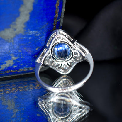 Art Deco Style Blue Sapphire and Diamond Halo Platinum Ring