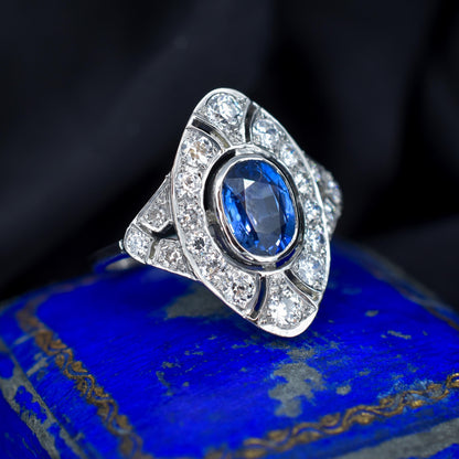 Art Deco Style Blue Sapphire and Diamond Halo Platinum Ring