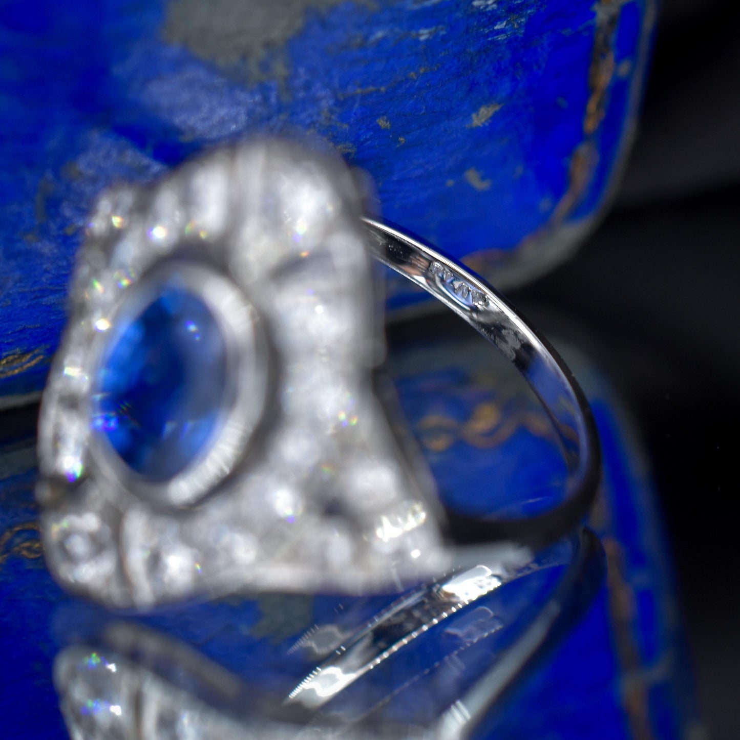 Art Deco Style Blue Sapphire and Diamond Halo Platinum Ring