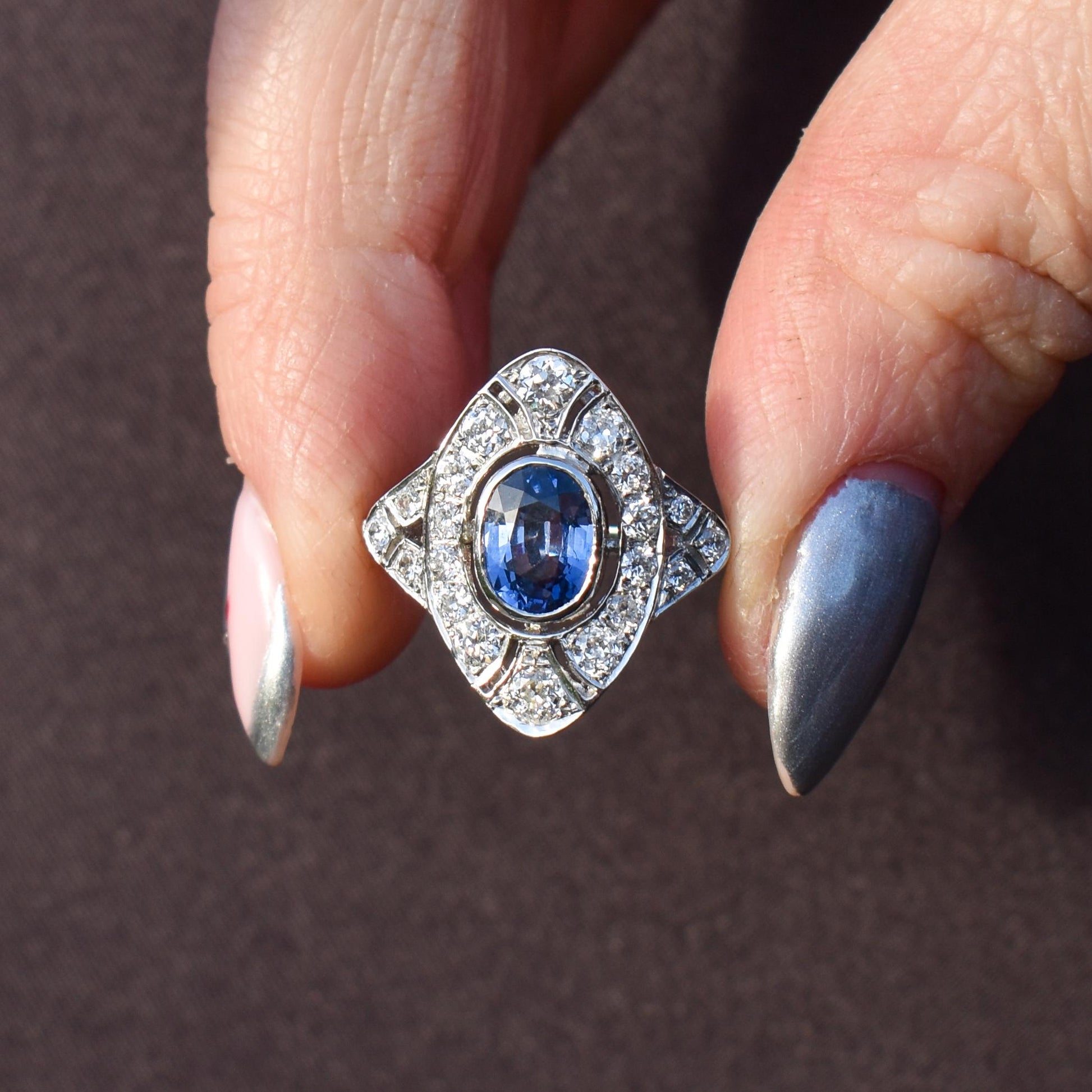Art Deco Style Blue Sapphire and Diamond Halo Platinum Ring