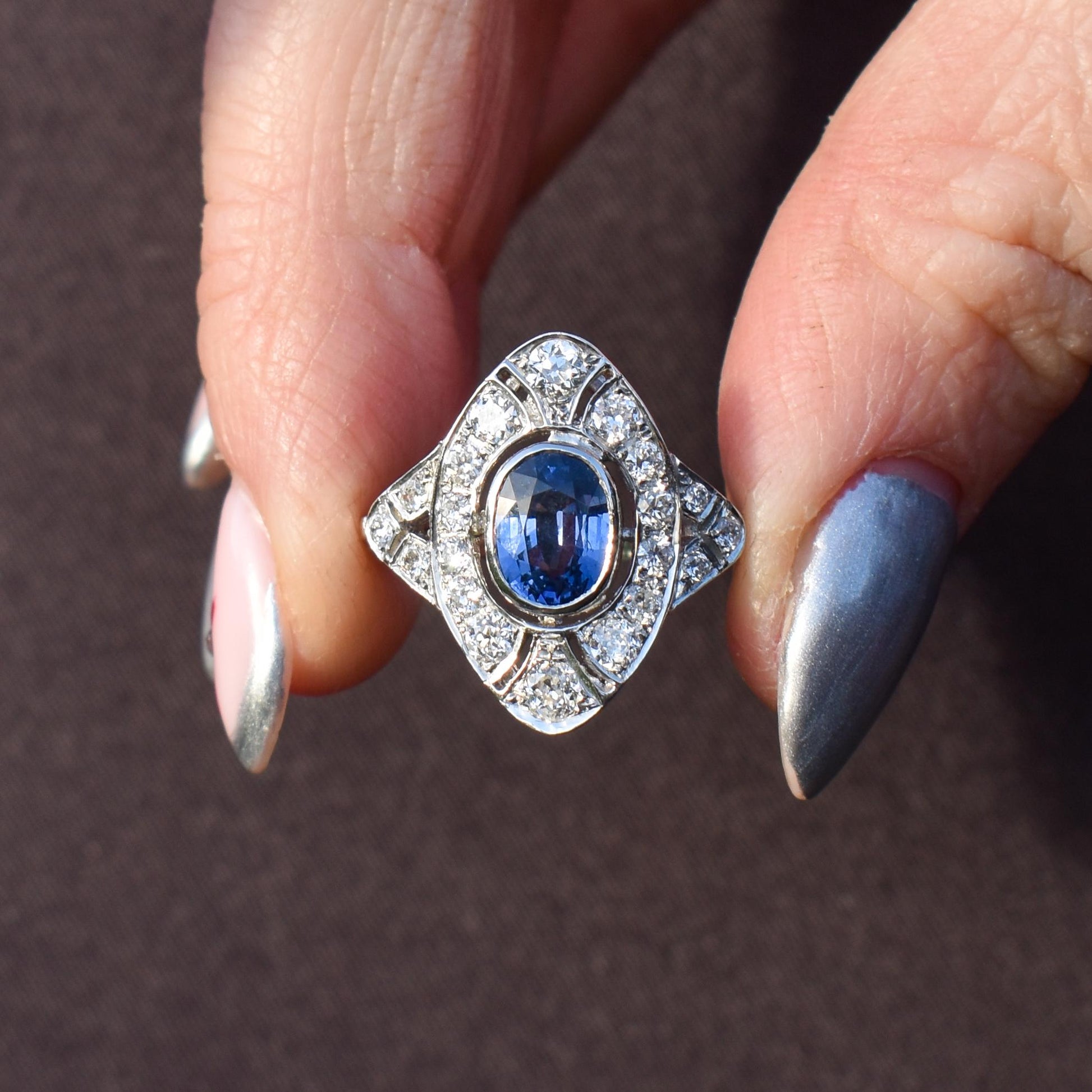 Art Deco Style Blue Sapphire and Diamond Halo Platinum Ring