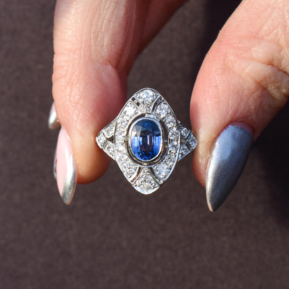 Art Deco Style Blue Sapphire and Diamond Halo Platinum Ring