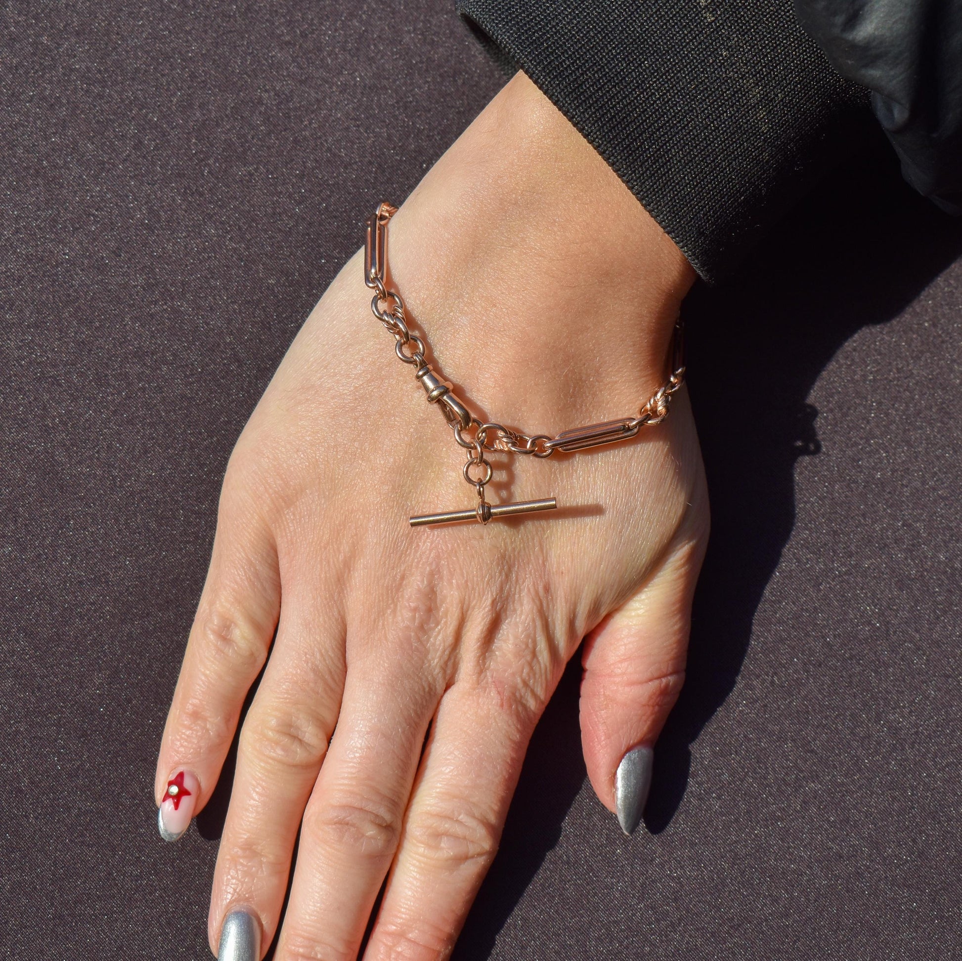 Vintage 9ct Rose Gold Trombone Knot Link Bracelet with Dog Clip and T-bar | 8"