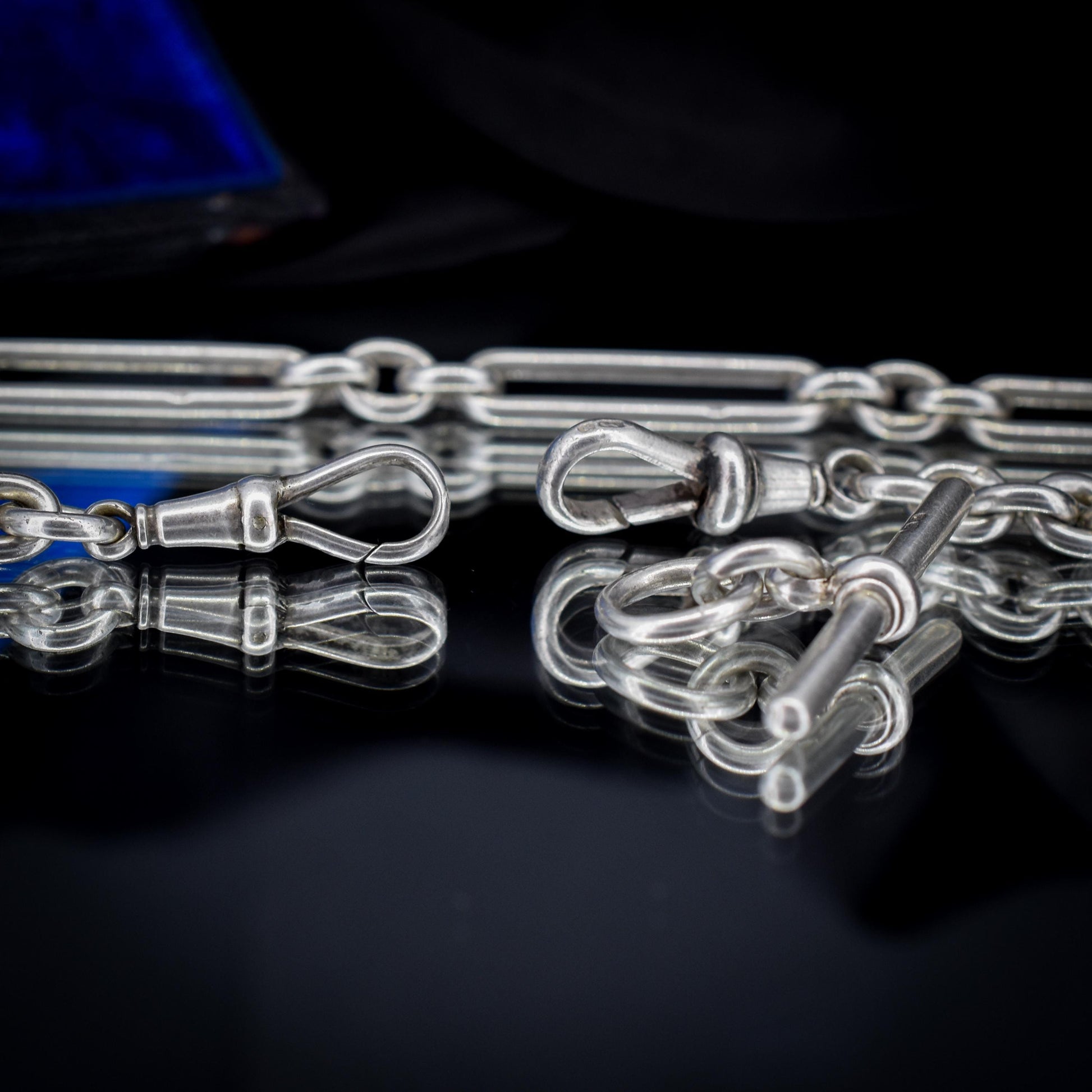 Antique Sterling Silver Trombone Watch Chain with Dog Clips and Detachable T Bar | 15.25"