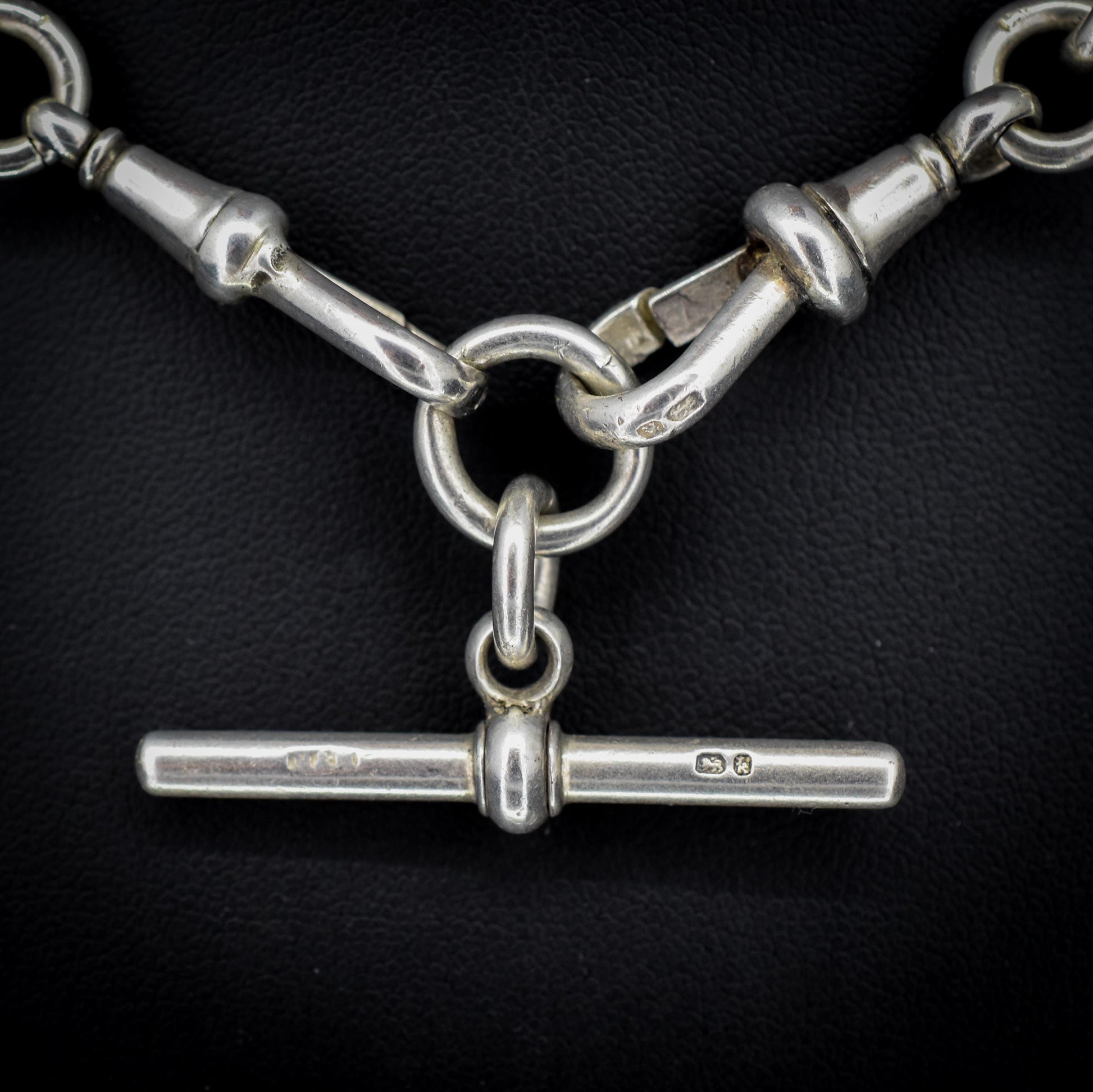 Antique Sterling Silver Trombone Watch Chain with Dog Clips and Detachable T Bar | 15.25"