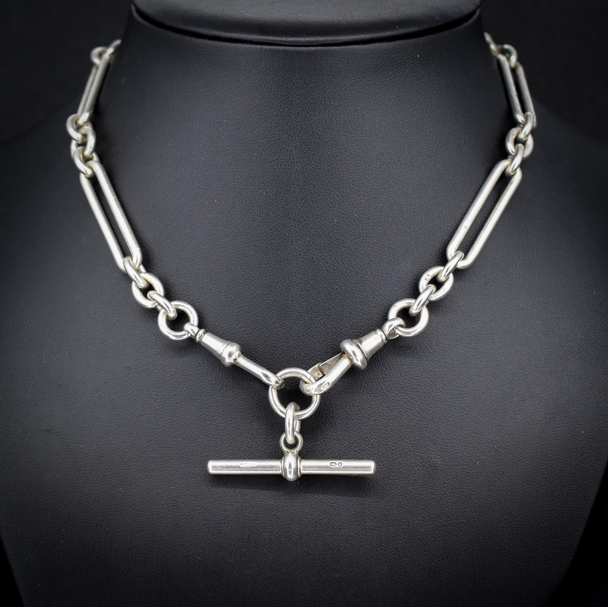 Antique Sterling Silver Trombone Watch Chain with Dog Clips and Detachable T Bar | 15.25"