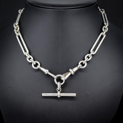 Antique Sterling Silver Trombone Watch Chain with Dog Clips and Detachable T Bar | 15.25"