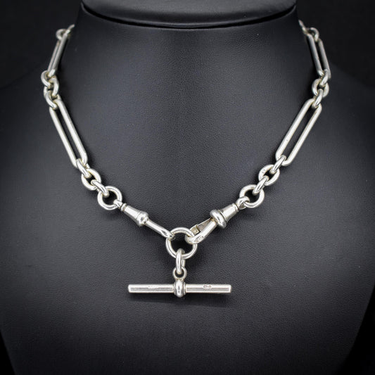 Antique Sterling Silver Trombone Watch Chain with Dog Clips and Detachable T Bar | 15.25"