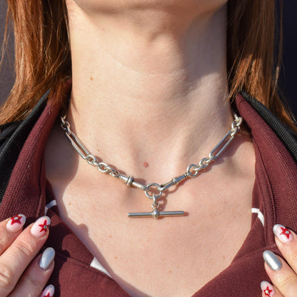 Antique Sterling Silver Trombone Watch Chain with Dog Clips and Detachable T Bar | 15.25"