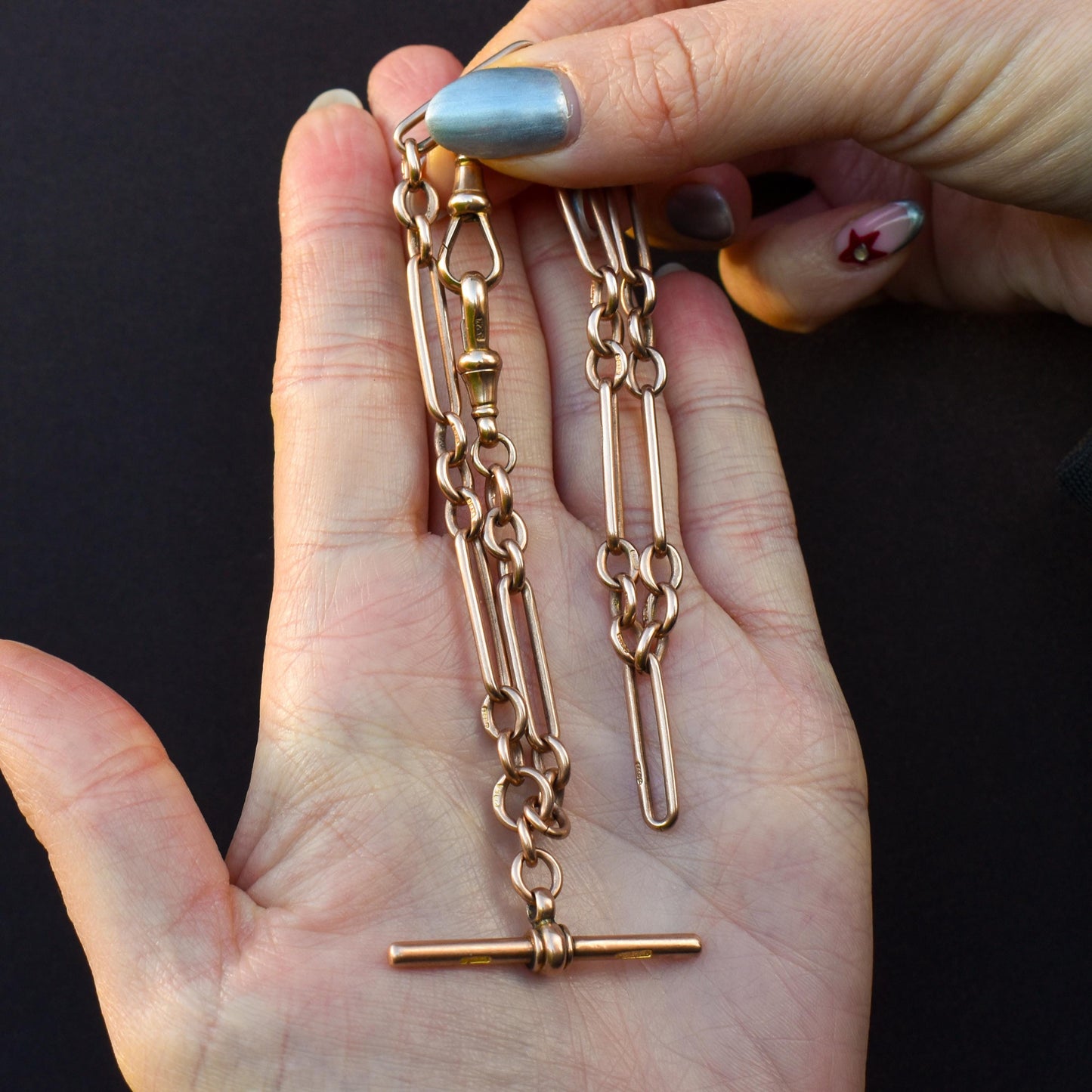 Antique '1899' 9ct Gold Trombone Link Chain Necklace with Dog Clip and T-bar 15.25"