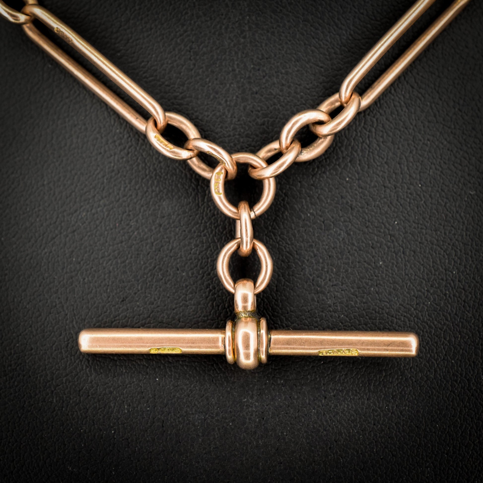 Antique '1899' 9ct Gold Trombone Link Chain Necklace with Dog Clip and T-bar 15.25"