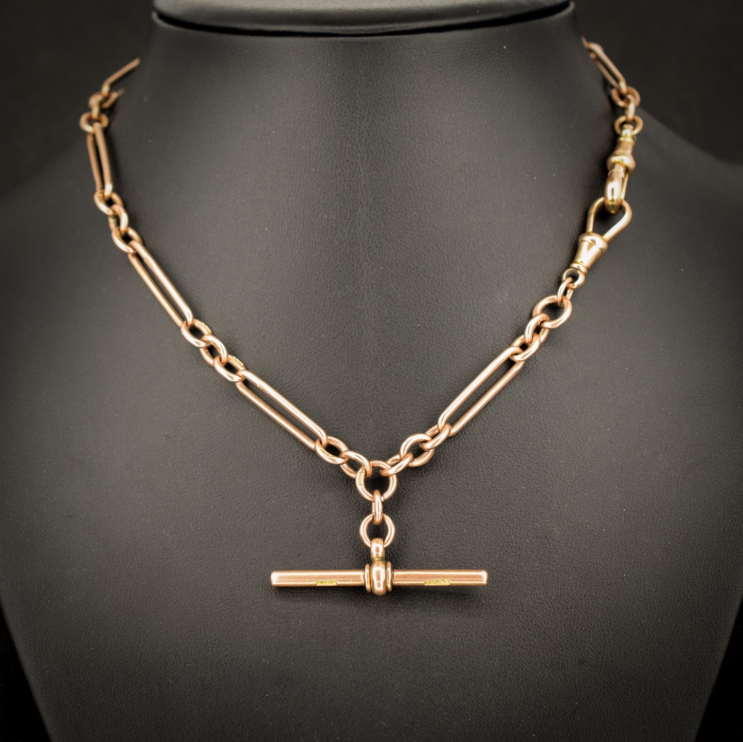 Antique '1899' 9ct Gold Trombone Link Chain Necklace with Dog Clip and T-bar 15.25"