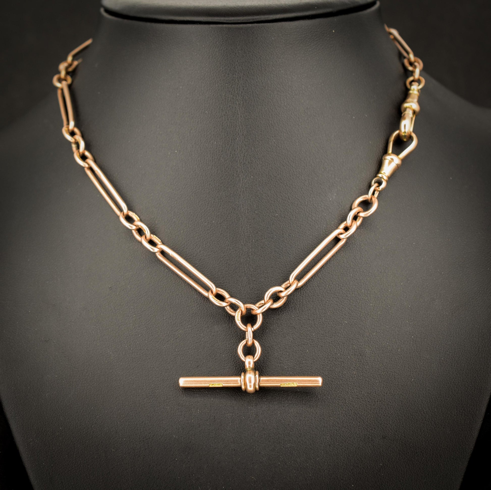 Antique '1899' 9ct Gold Trombone Link Chain Necklace with Dog Clip and T-bar 15.25"