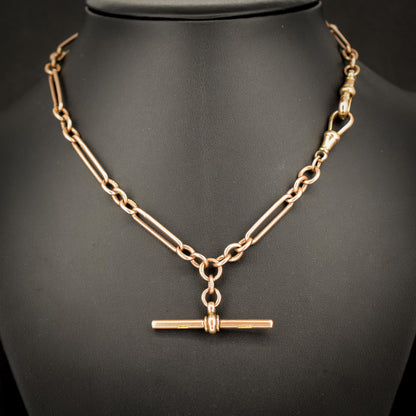 Antique '1899' 9ct Gold Trombone Link Chain Necklace with Dog Clip and T-bar 15.25"