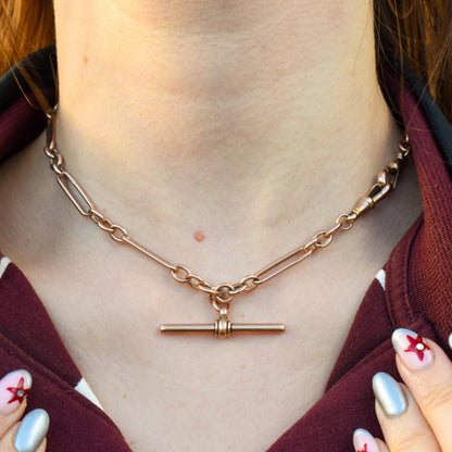 Antique '1899' 9ct Gold Trombone Link Chain Necklace with Dog Clip and T-bar 15.25"