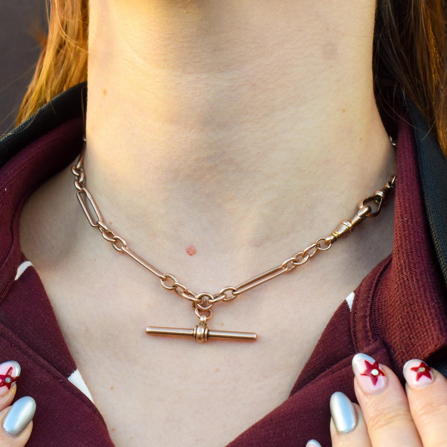 Antique '1899' 9ct Gold Trombone Link Chain Necklace with Dog Clip and T-bar 15.25"