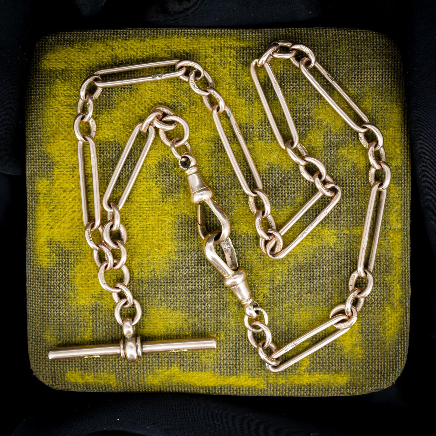 Antique '1899' 9ct Gold Trombone Link Chain Necklace with Dog Clip and T-bar 15.25"