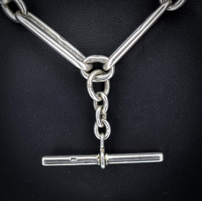 Antique Sterling Silver Trombone Watch Chain with Double Dog Clip and T Bar | 20"