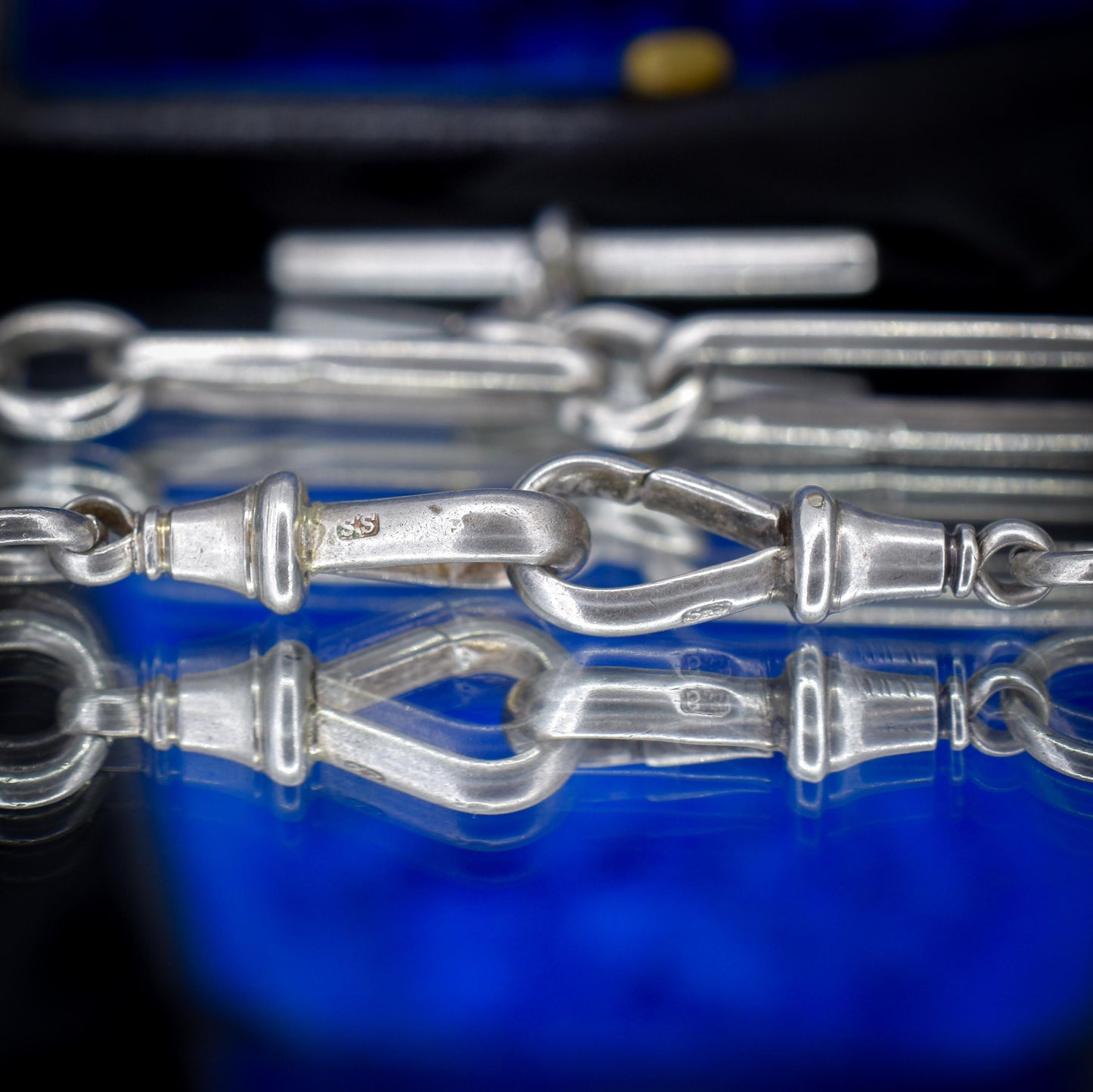 Antique Sterling Silver Trombone Watch Chain with Double Dog Clip and T Bar | 20"