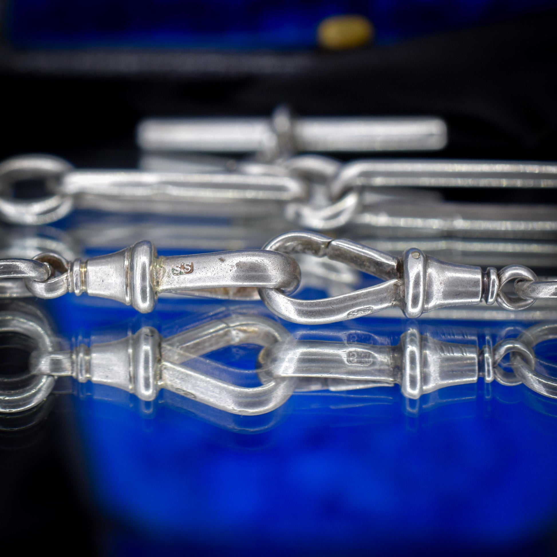 Antique Sterling Silver Trombone Watch Chain with Double Dog Clip and T Bar | 20"