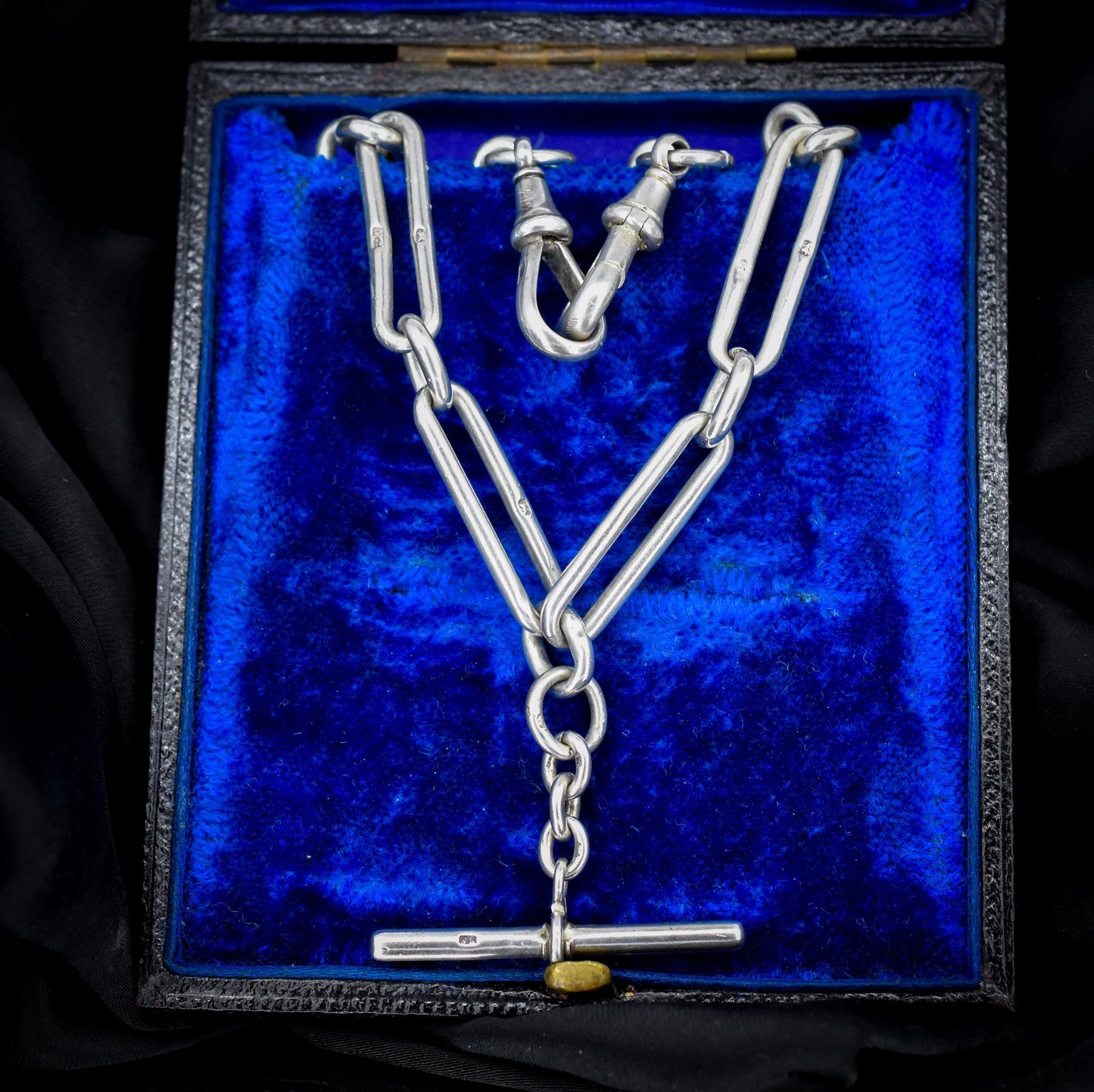 Antique Sterling Silver Trombone Watch Chain with Double Dog Clip and T Bar | 20"