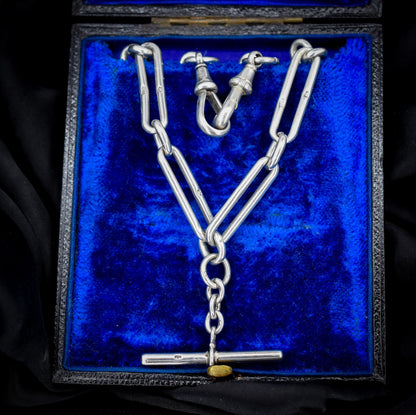 Antique Sterling Silver Trombone Watch Chain with Double Dog Clip and T Bar | 20"