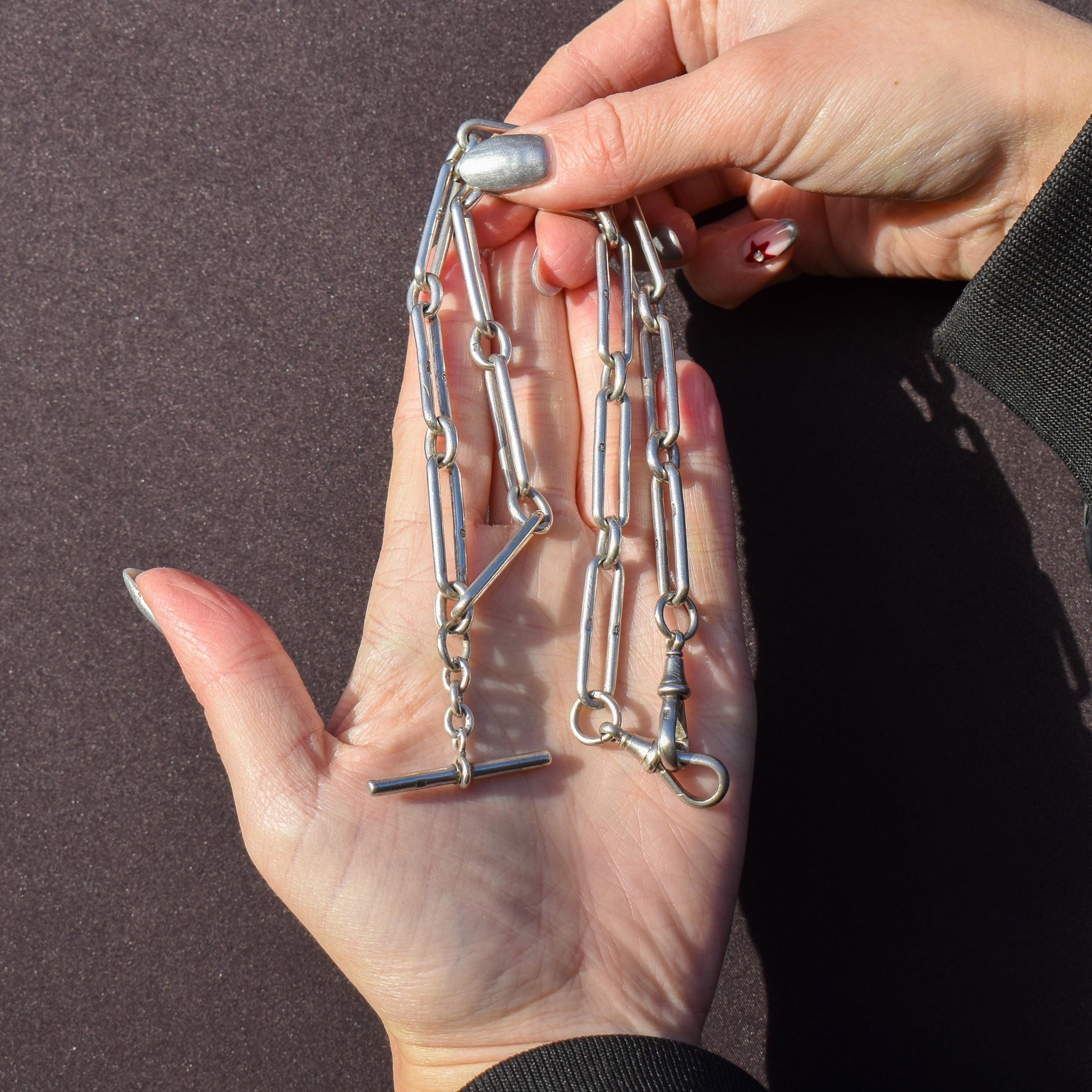 Antique Sterling Silver Trombone Watch Chain with Double Dog Clip and T Bar | 20"