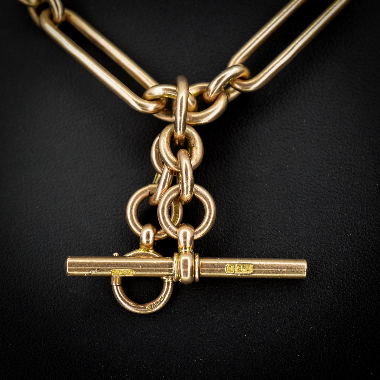 Antique '1909' 9ct Gold Trombone Link Albert Chain Necklace with Dog Clips | 15.5"