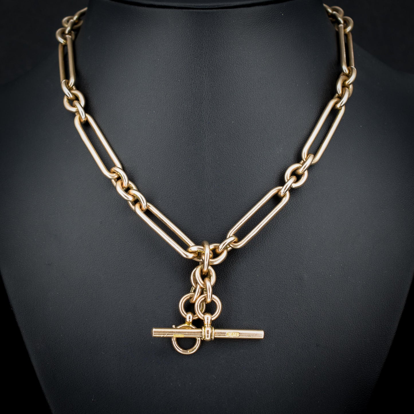 Antique '1909' 9ct Gold Trombone Link Albert Chain Necklace with Dog Clips | 15.5"