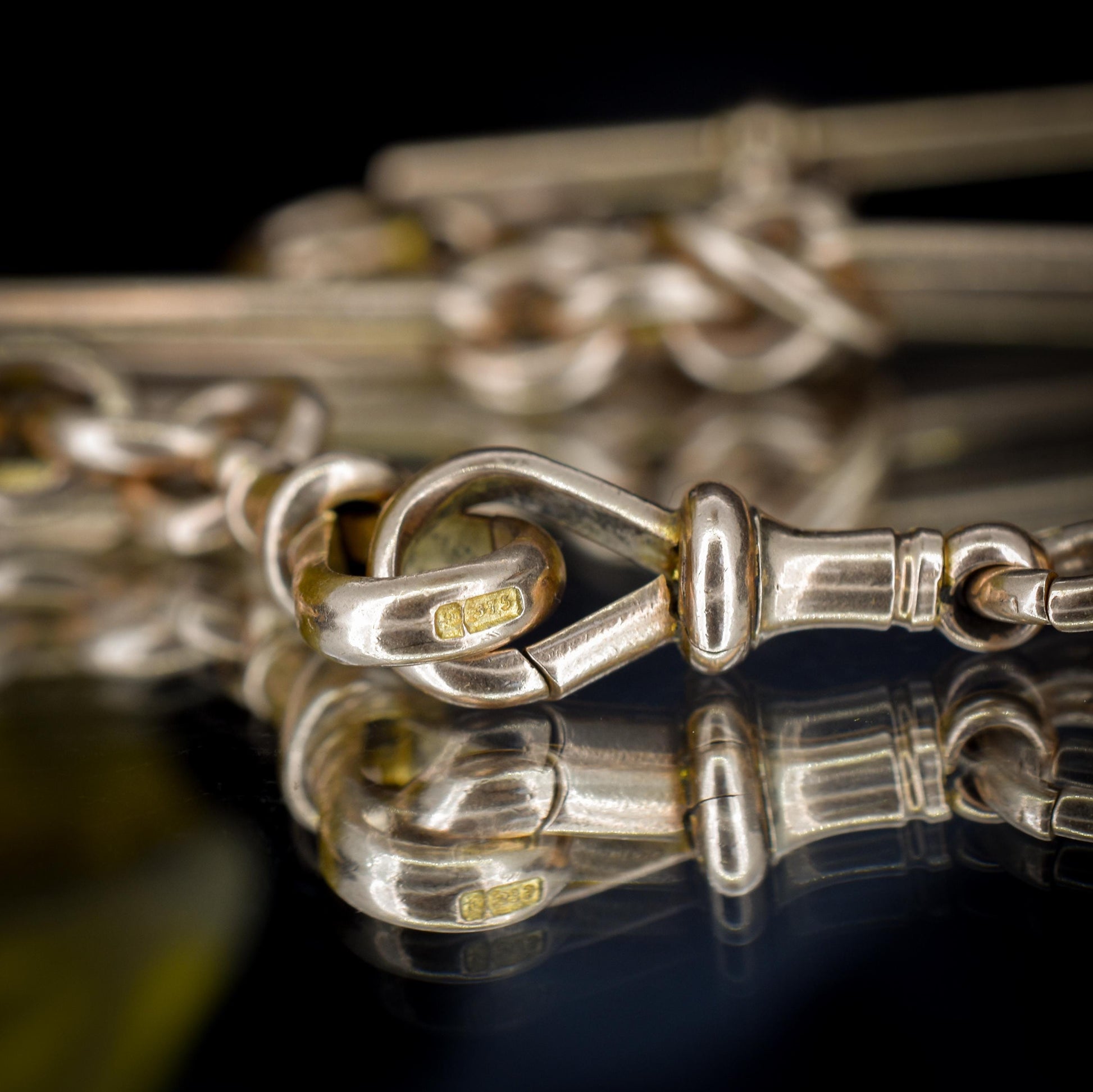 Antique '1909' 9ct Gold Trombone Link Albert Chain Necklace with Dog Clips | 15.5"