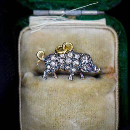 Diamond and Ruby Pig Charm Pendant
