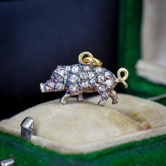 Diamond and Ruby Pig Charm Pendant