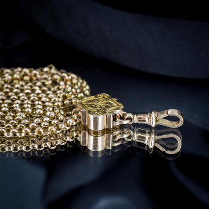 Antique Victorian 9ct Gold Guard Chain Necklace with Engraved Slider and Dog Clip | 60"