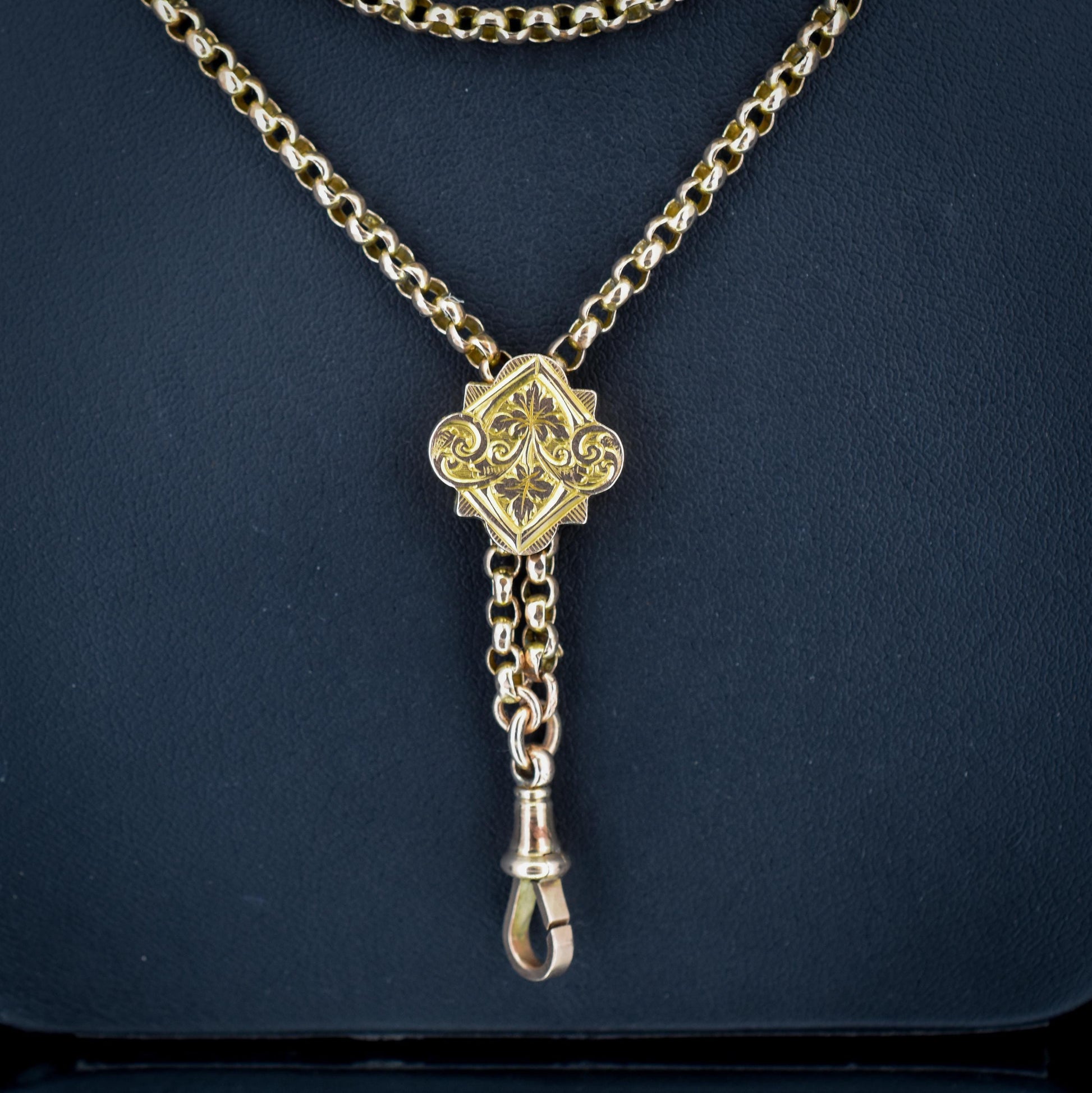 Antique Victorian 9ct Gold Guard Chain Necklace with Engraved Slider and Dog Clip | 60"