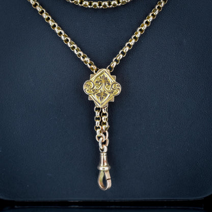 Antique Victorian 9ct Gold Guard Chain Necklace with Engraved Slider and Dog Clip | 60"