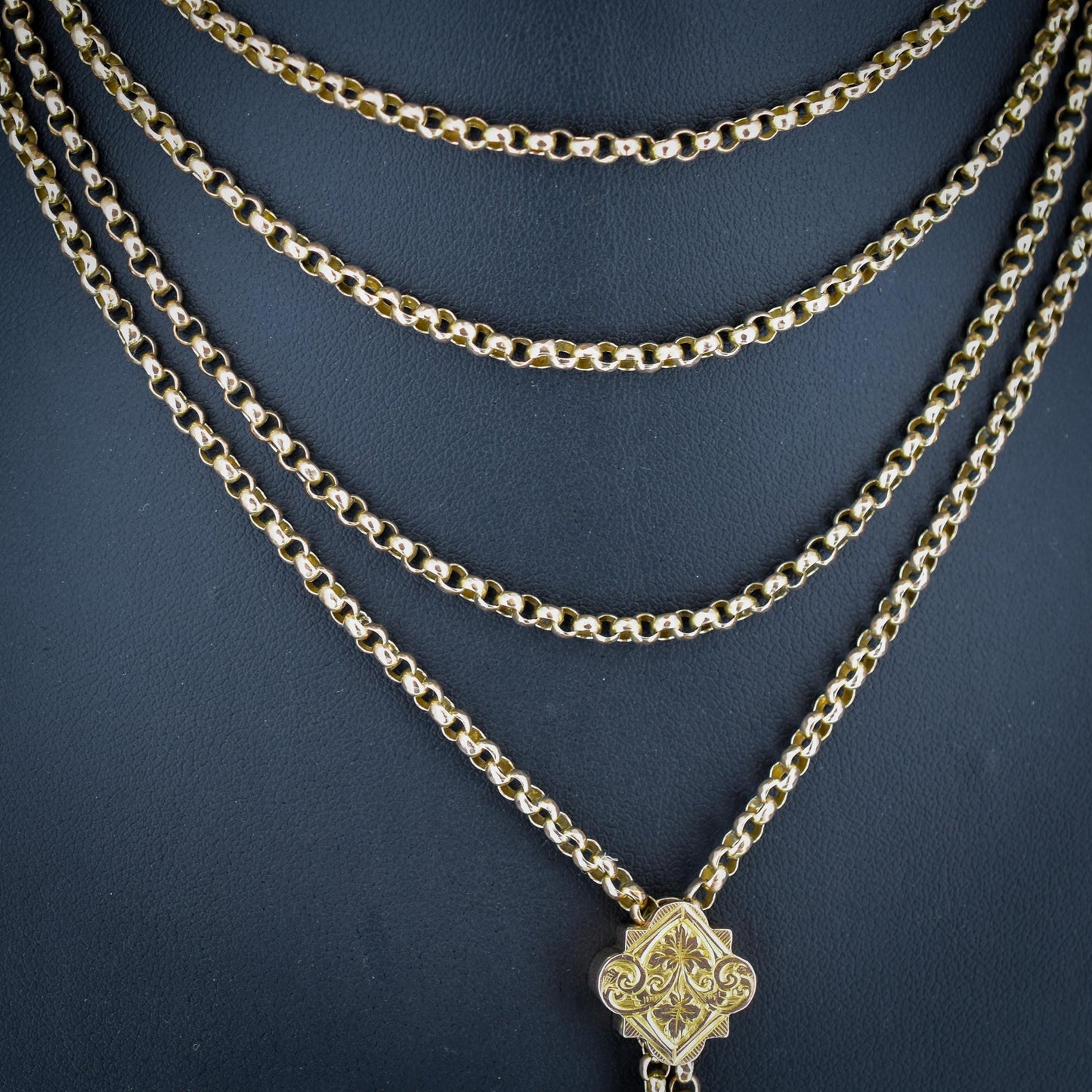 Antique Victorian 9ct Gold Guard Chain Necklace with Engraved Slider and Dog Clip | 60"