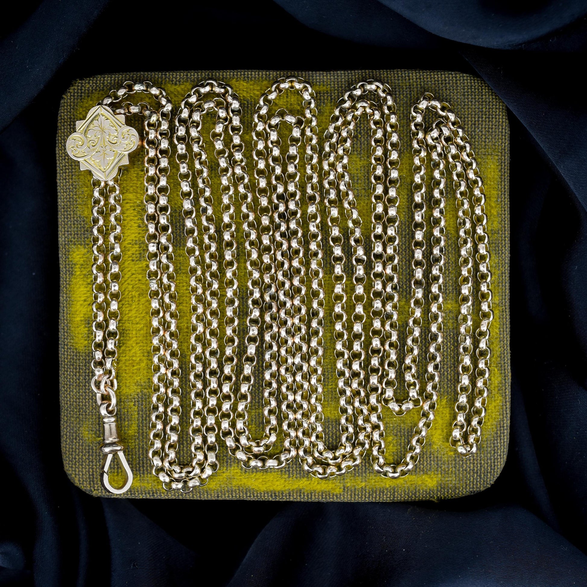 Antique Victorian 9ct Gold Guard Chain Necklace with Engraved Slider and Dog Clip | 60"