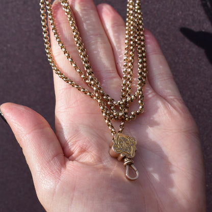 Antique Victorian 9ct Gold Guard Chain Necklace with Engraved Slider and Dog Clip | 60"