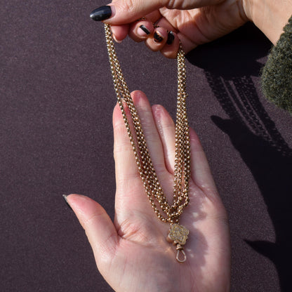 Antique Victorian 9ct Gold Guard Chain Necklace with Engraved Slider and Dog Clip | 60"