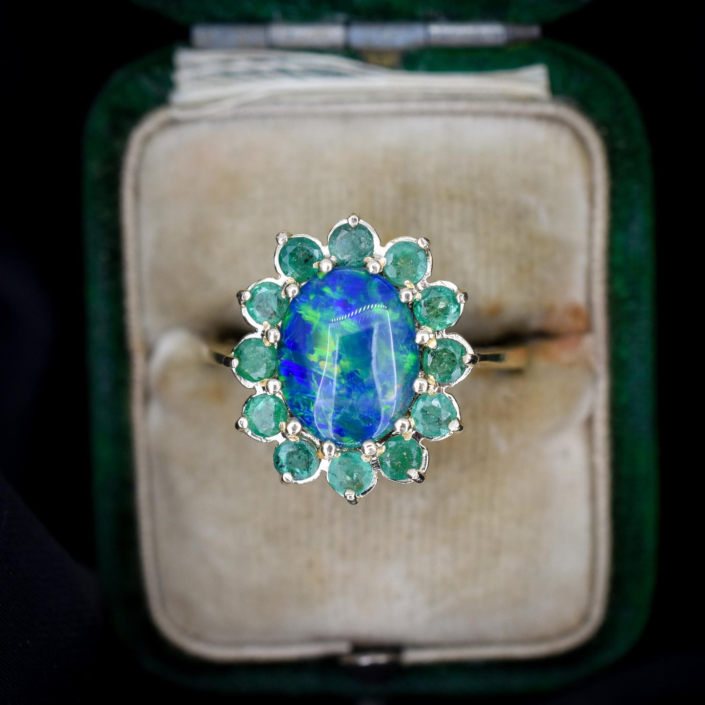 Black Opal Triplet and Emerald Halo Cluster 9ct Yellow Gold Ring