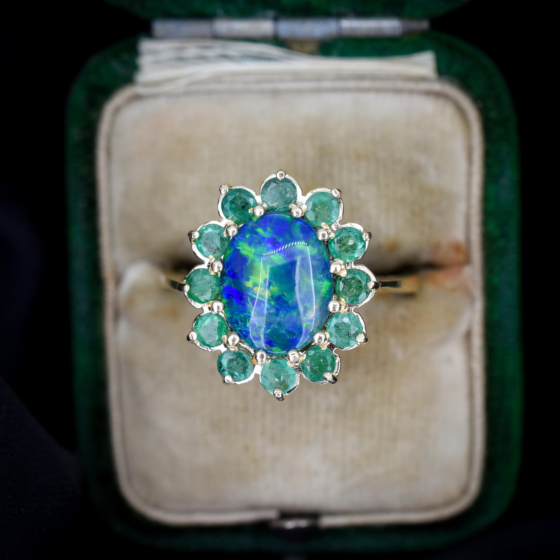 Black Opal Triplet and Emerald Halo Cluster 9ct Yellow Gold Ring