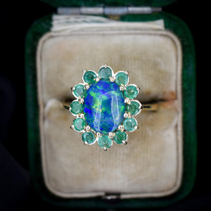 Black Opal Triplet and Emerald Halo Cluster 9ct Yellow Gold Ring