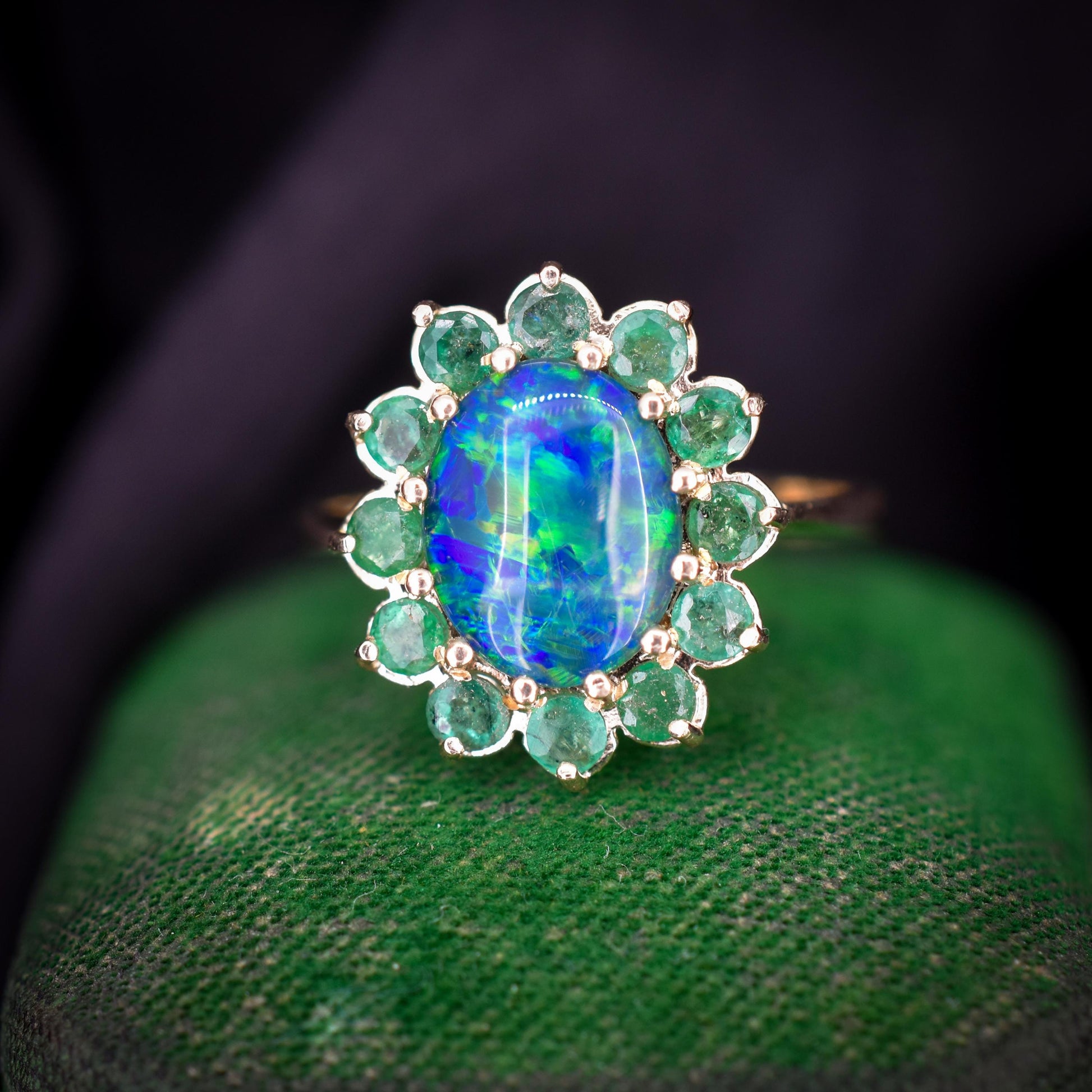 Black Opal Triplet and Emerald Halo Cluster 9ct Yellow Gold Ring