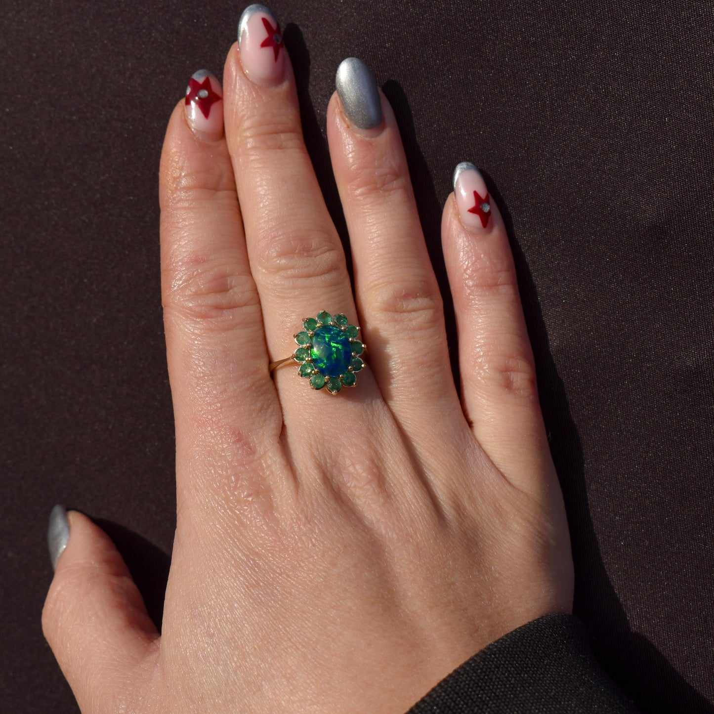 Black Opal Triplet and Emerald Halo Cluster 9ct Yellow Gold Ring